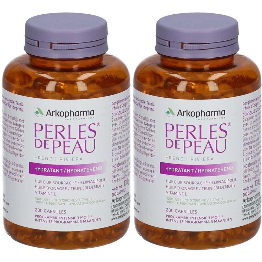 Deux flacons de gélules. Inscription : Arkopharma Perles de Peau, Hydratant. Flacons bruns, couvercles violets, étiquettes blanches.