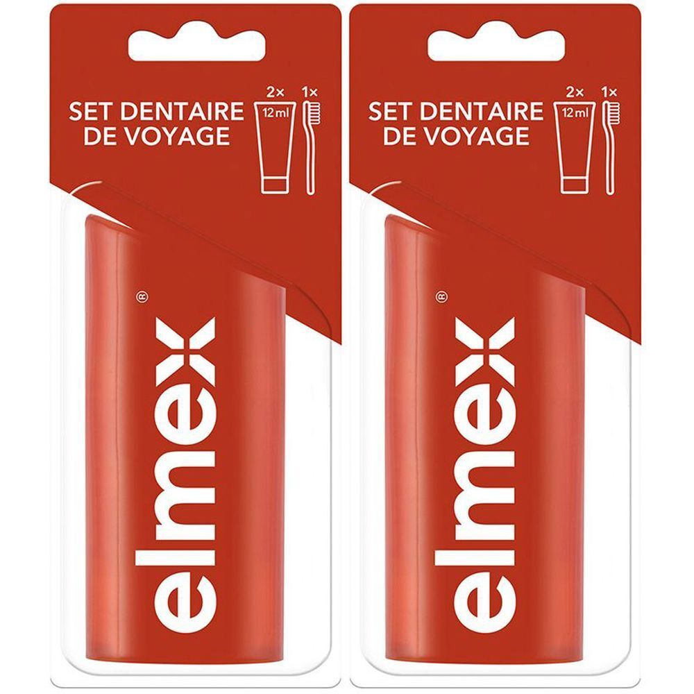Zwei Reise-Zahnpflegesets. Rote Verpackung mit weißem "elmex"-Schriftzug. Enthält Zahnpasta und Zahnbürste.