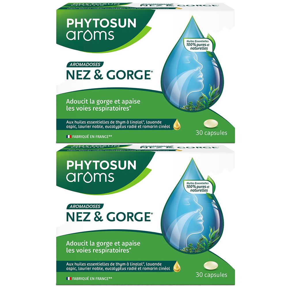 Deux boîtes de capsules. Inscription: PHYTOSUN arôms, NEZ & GORGE. Contient 30 capsules. Fabriqué en France.