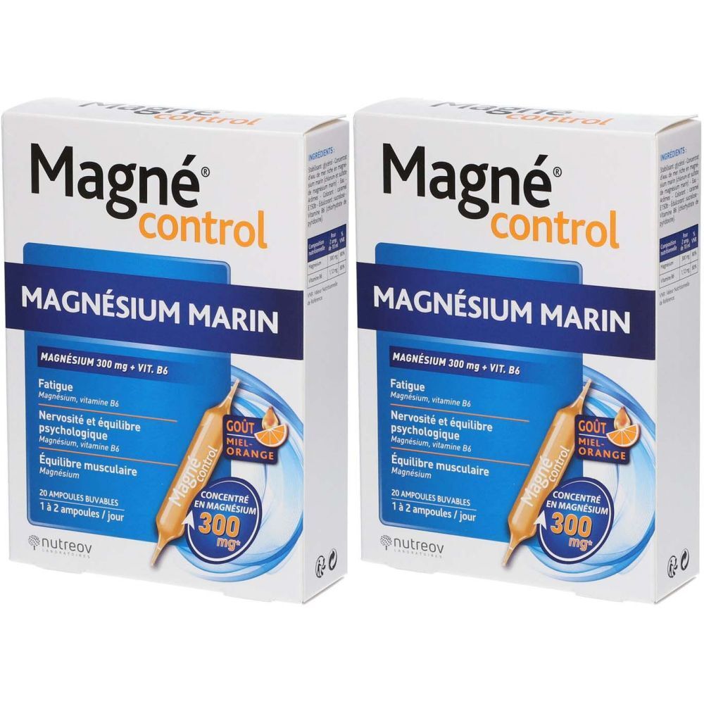 Deux boîtes de "Magné control Magnésium Marin". Emballage bleu et blanc. Contient des ampoules de 300 mg de magnésium.
