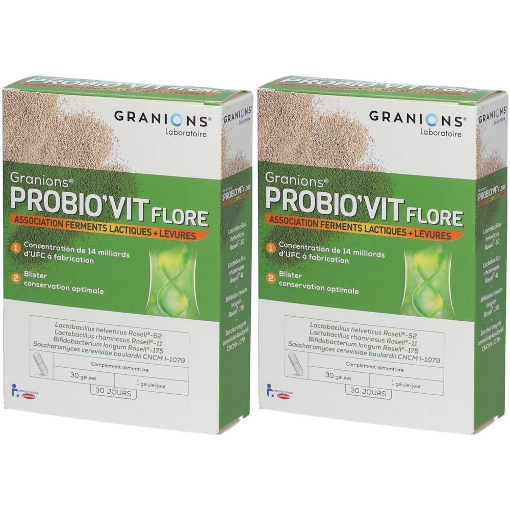 Deux boîtes de GRANIONS Probio'vit Flore. Inscription: ASSOCIATION FERMENTS LACTIQUES + LEVURES. Emballage vert et blanc.