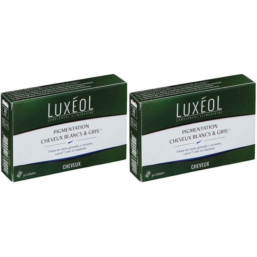 Deux boîtes. Inscription: LUXÉOL, Pigmentation Cheveux Blancs & Gris. 30 gélules.
