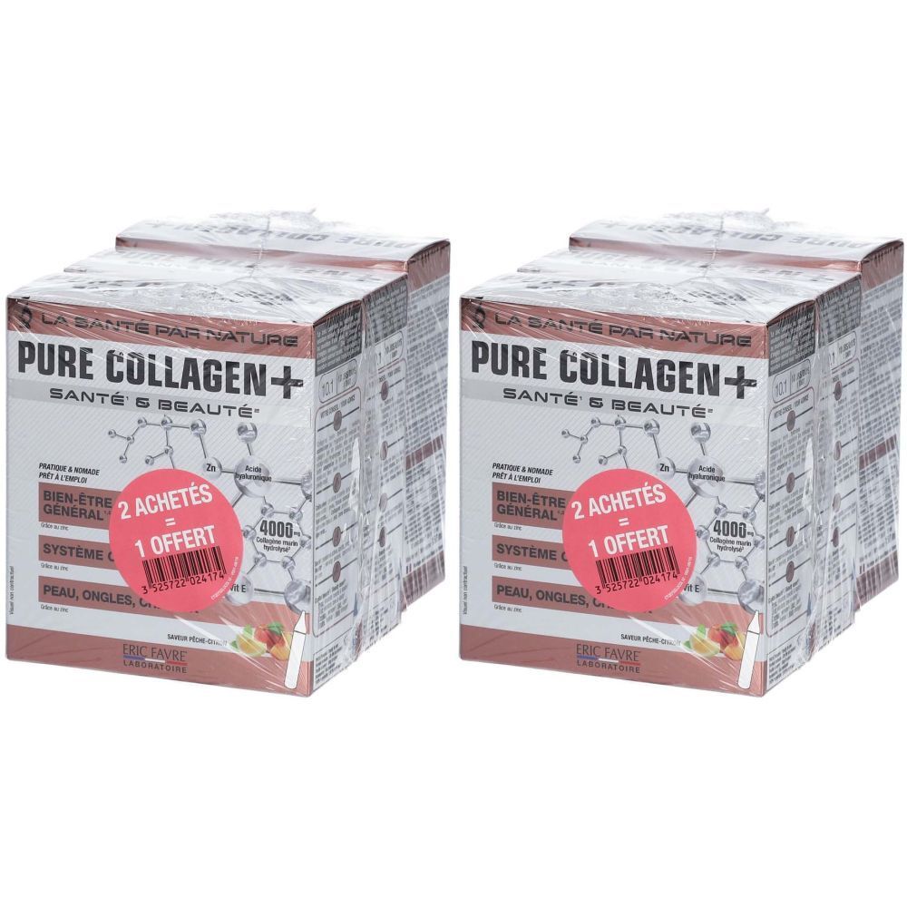 Deux boîtes de "PURE COLLAGEN+". Autocollant : 2 achetés, 1 offert. Texte : Santé & Beauté, Bien-être général, Peau Ongles.
