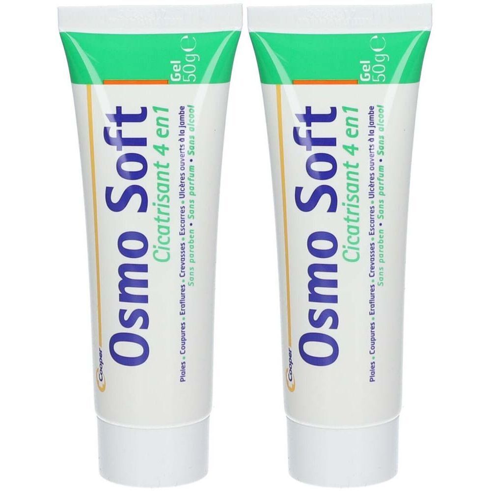 Deux tubes de gel. Inscription: Osmo Soft, Cicatrisant 4 en 1. Emballage vert et blanc. Texte: Sans paraben, sans parfum, sans alcool.