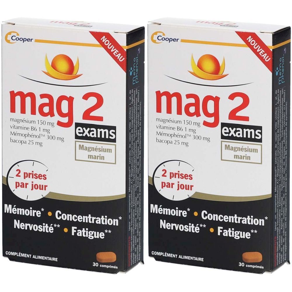 MAG 2 Exams à base de magnésium marin 300mg, vitamine B6, bacopa, memophenol - complément alimentaire - 30 comprimés