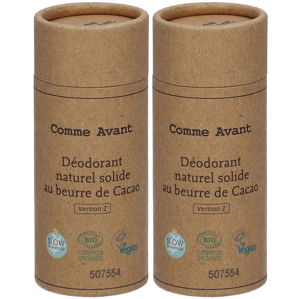 Deux cylindres en papier brun. Inscription: Comme Avant, Déodorant naturel solide au beurre de Cacao, Version 2. Logos et numéro.