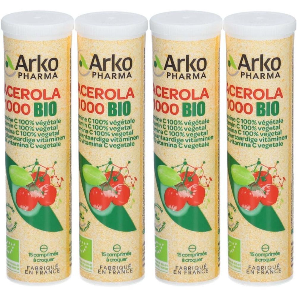 Quatre tubes cylindriques "Acerola 1000 BIO" d'Arkopharma. Inscriptions multilingues, illustration de cerises et label bio.