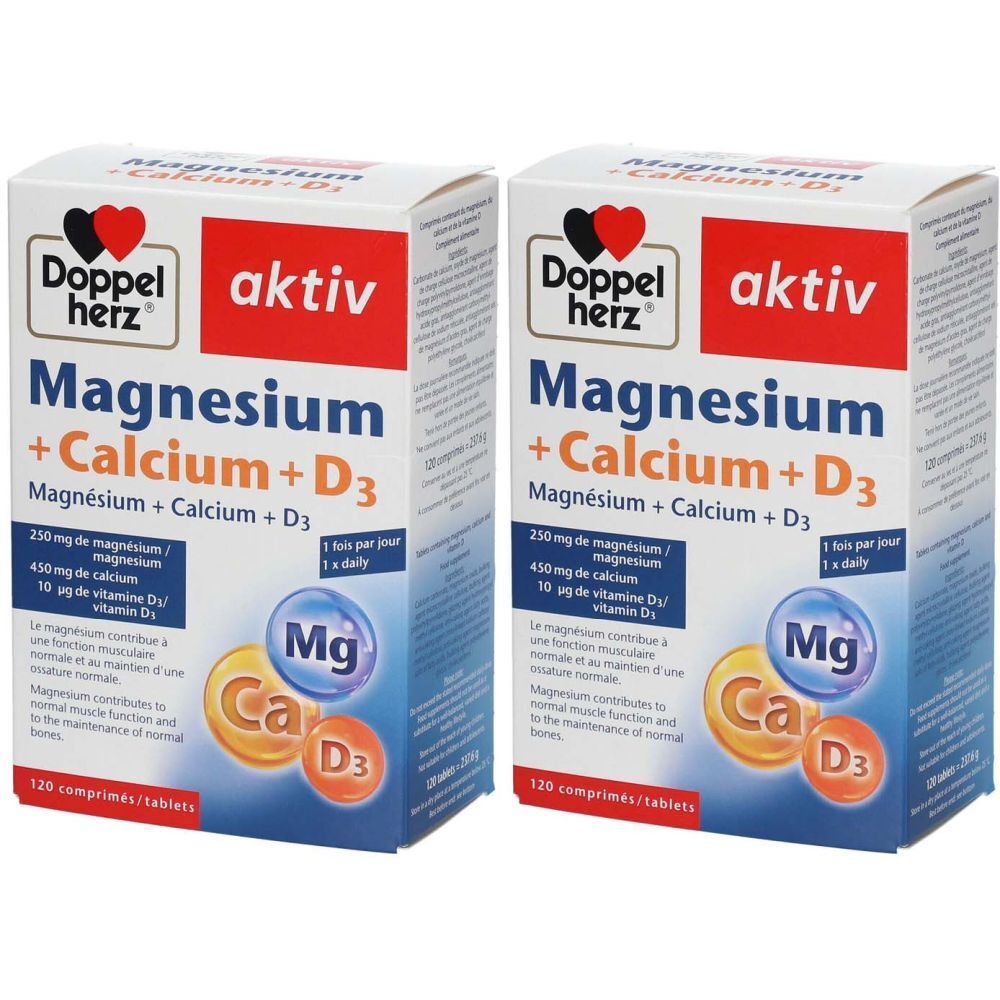 Zwei Schachteln Doppelherz aktiv Magnesium + Calcium + D3. Aufschrift: Magnesium + Calcium + D3, 120 Tabletten. Logo mit Herz.