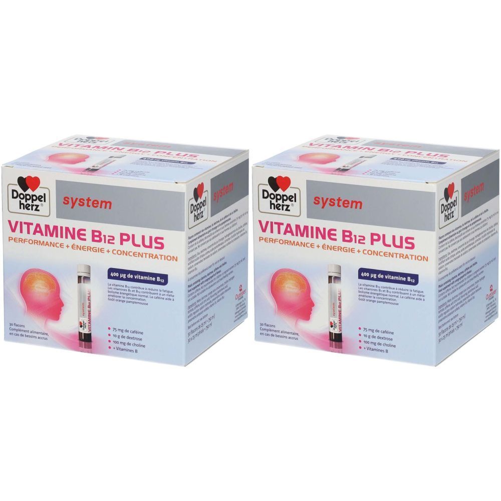 Zwei Kartons Doppelherz system Vitamine B12 PLUS. Aufdruck: Performance + Energie + Konzentration. Abbildung eines Kopfes und einer Ampulle.