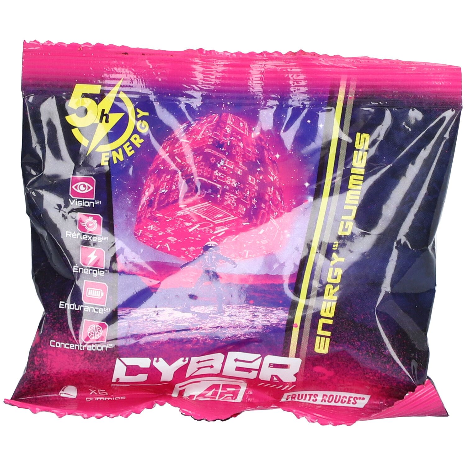 Sachet de gommes. Inscription: CYBER LAB, ENERGY GUMMIES, FRUITS ROUGES. Logo: 5h ENERGY. Emballage rose-violet.