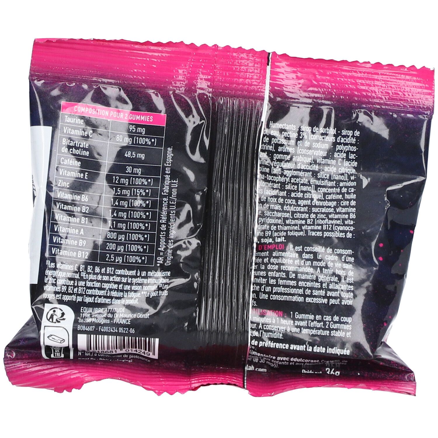 Dos du sachet de gommes. Contient des informations nutritionnelles et une liste d'ingrédients. Texte en français.