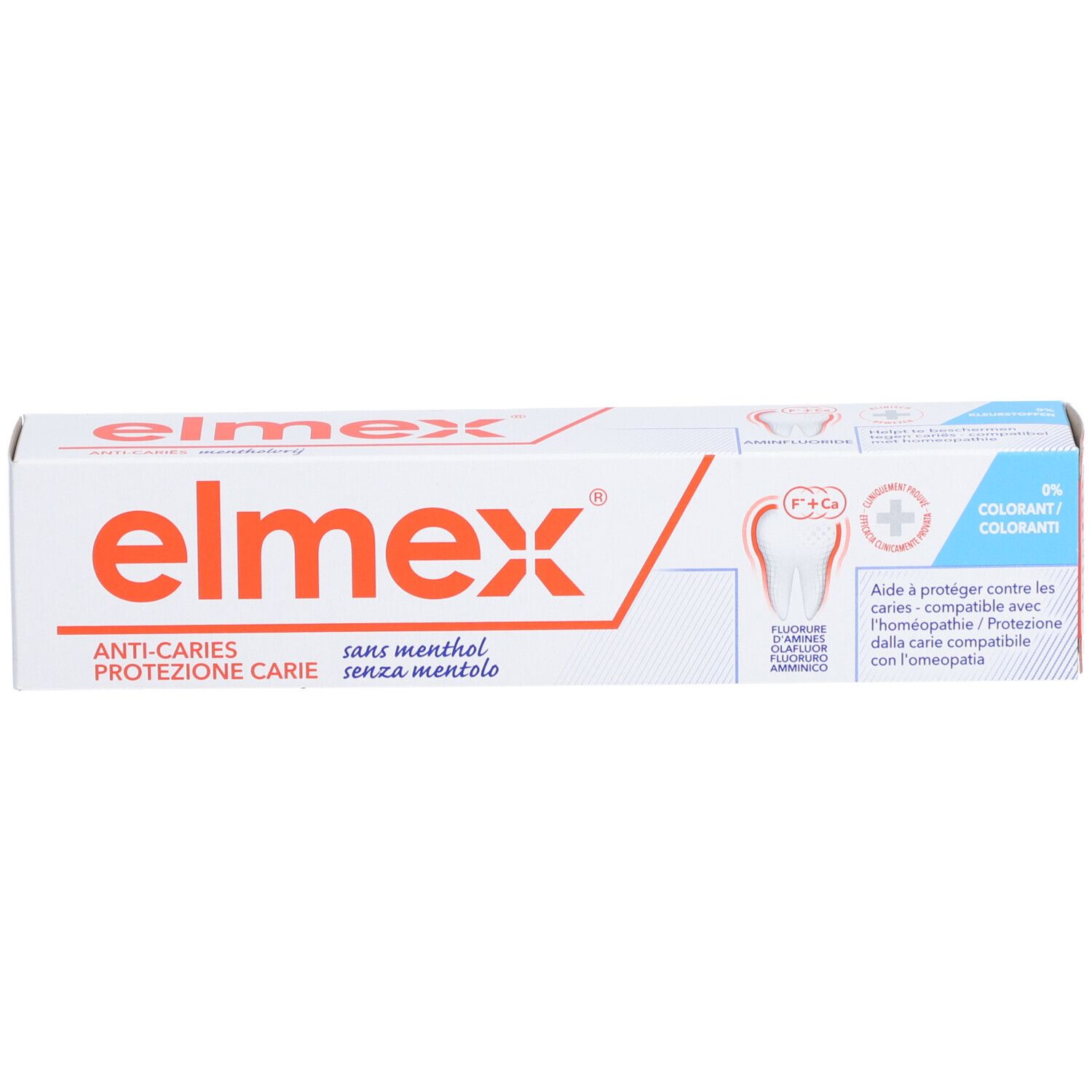 Zahncreme-Schachtel, weiß/rot. Text: elmex, Anti-Karies, sans menthol. Mit Zahn-Symbol und F+G-Symbol.