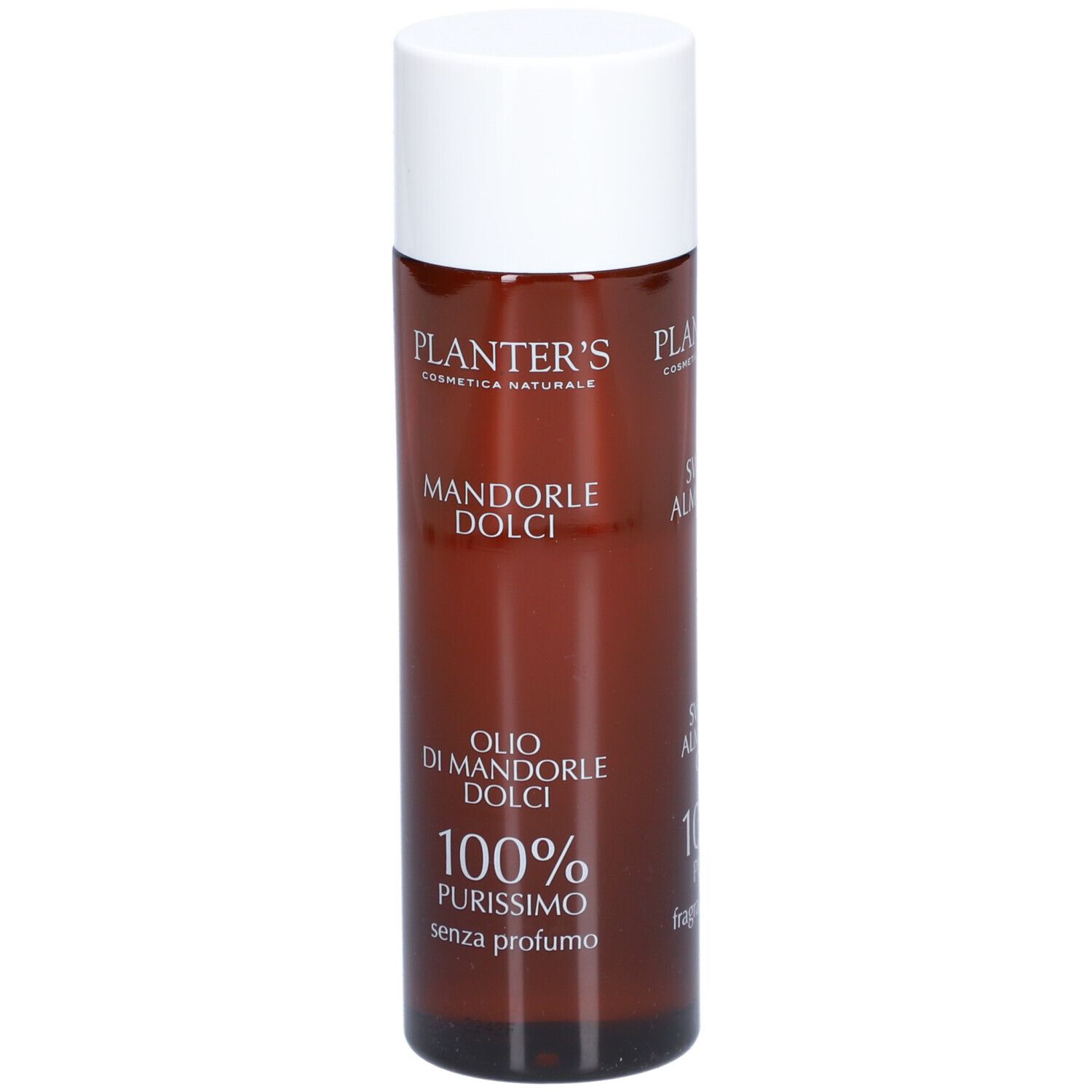Flacon marron avec bouchon blanc. Inscriptions: Planter's, Mandorle Dolci, Olio di Mandorle Dolci, 100% purissimo.