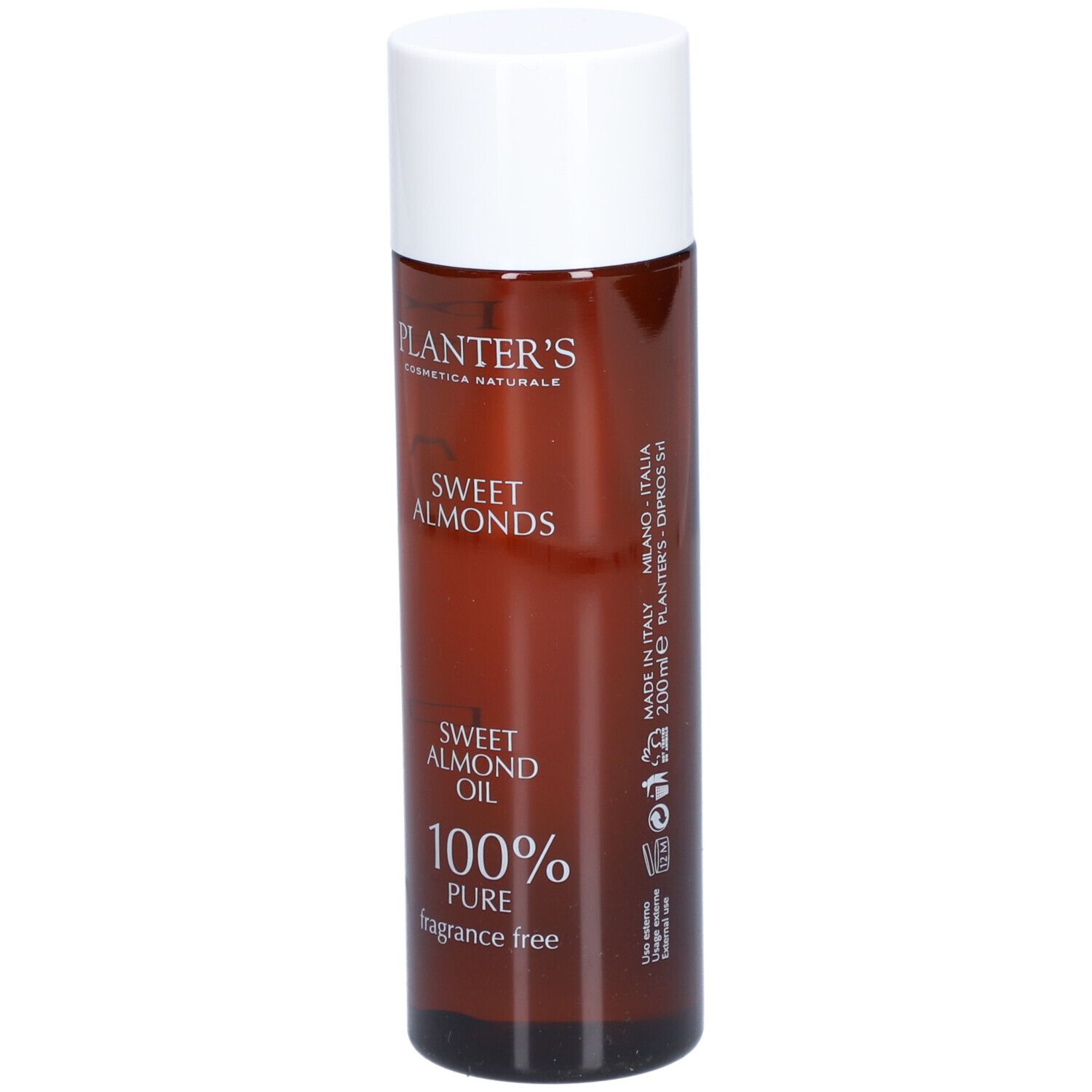 Flacon marron avec bouchon blanc. Inscriptions: Planter's, Sweet Almond Oil, 100% Pure, sans parfum. Fabriqué en Italie.