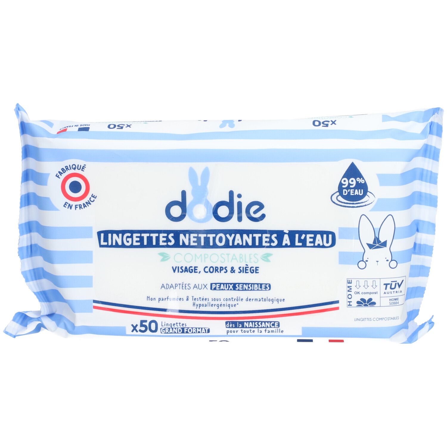 Verpakking dodie® Lingettes Nettoyantes Bébé à l'eau 3 en 1. 50 doekjes. Opschrift: 99% water. Geschikt voor de gevoelige huid.