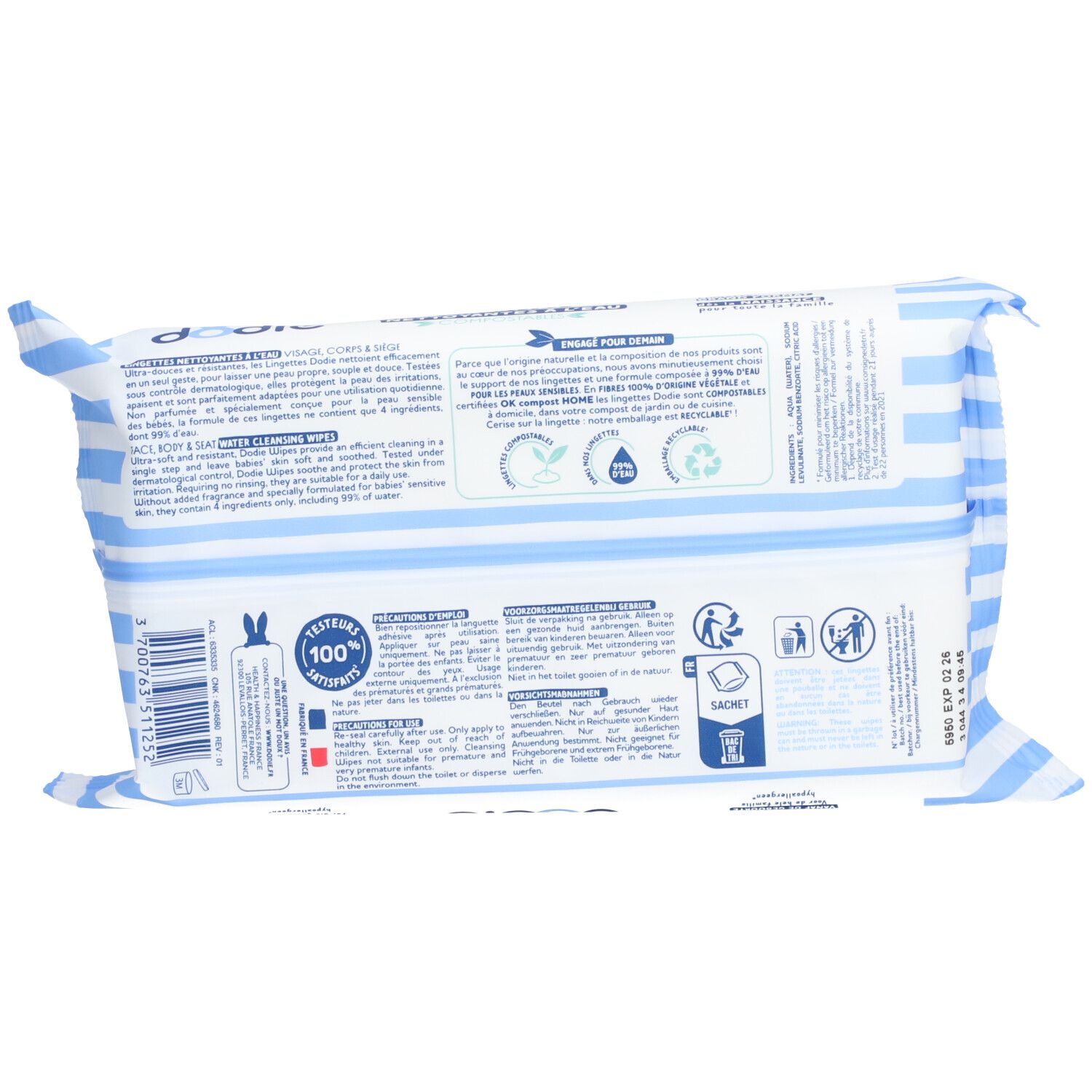 Achterkant van de verpakking dodie® Lingettes Nettoyantes Bébé à l'eau 3 en 1. Opschrift: 100% recyclebaar. Informatie.