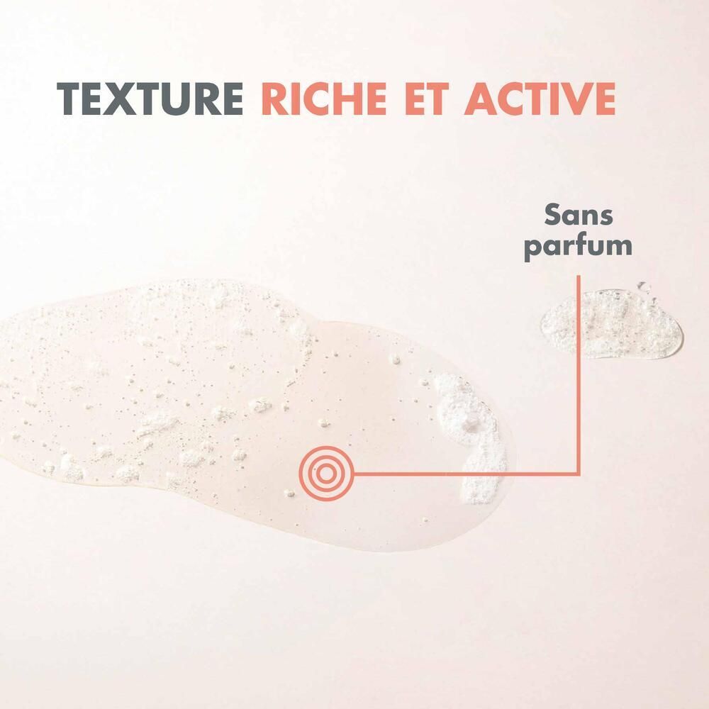 Gros plan sur la texture. Texte: Texture riche et active. Sans parfum.