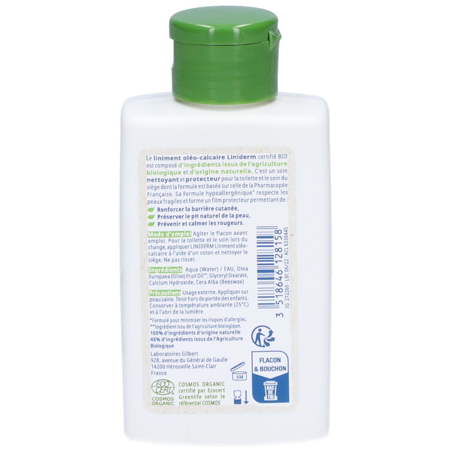 Rückseite der weißen Flasche mit grünem Deckel. Text und Etiketten mit Informationen zum Produkt.