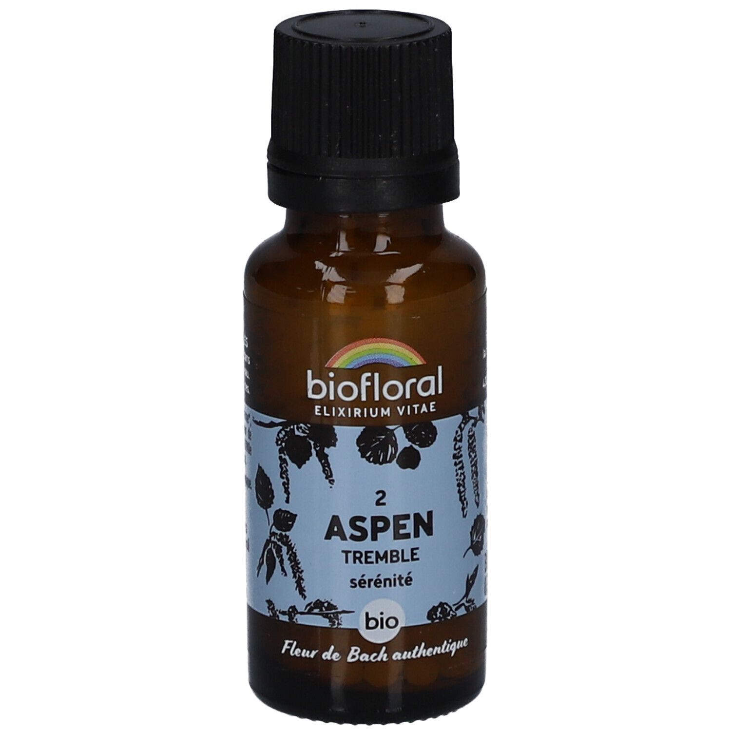 Flacon en verre brun avec bouchon noir. Étiquette "biofloral" et "Aspen Tremble".