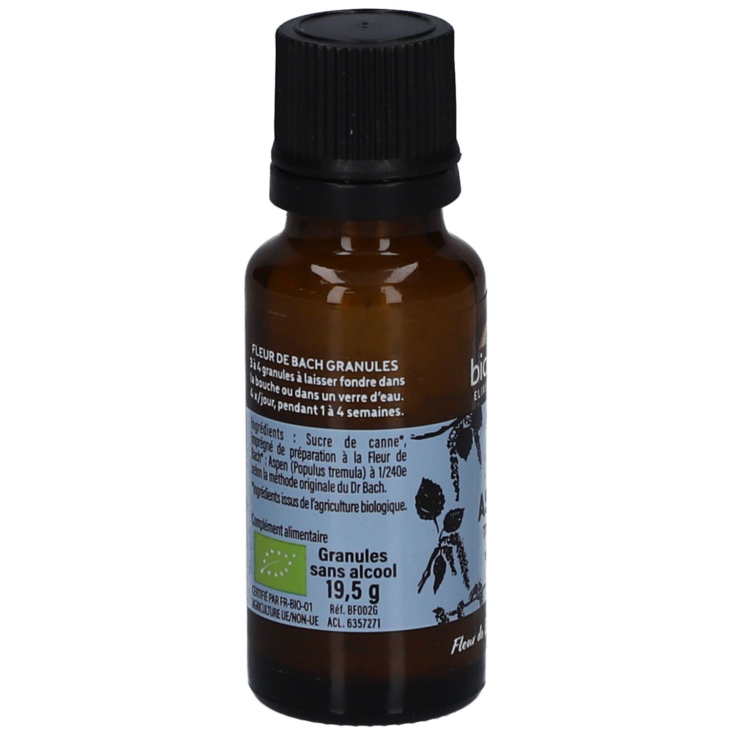 Flacon en verre brun avec bouchon noir. Étiquette "Fleur de Bach Granules" et "19,5 g".