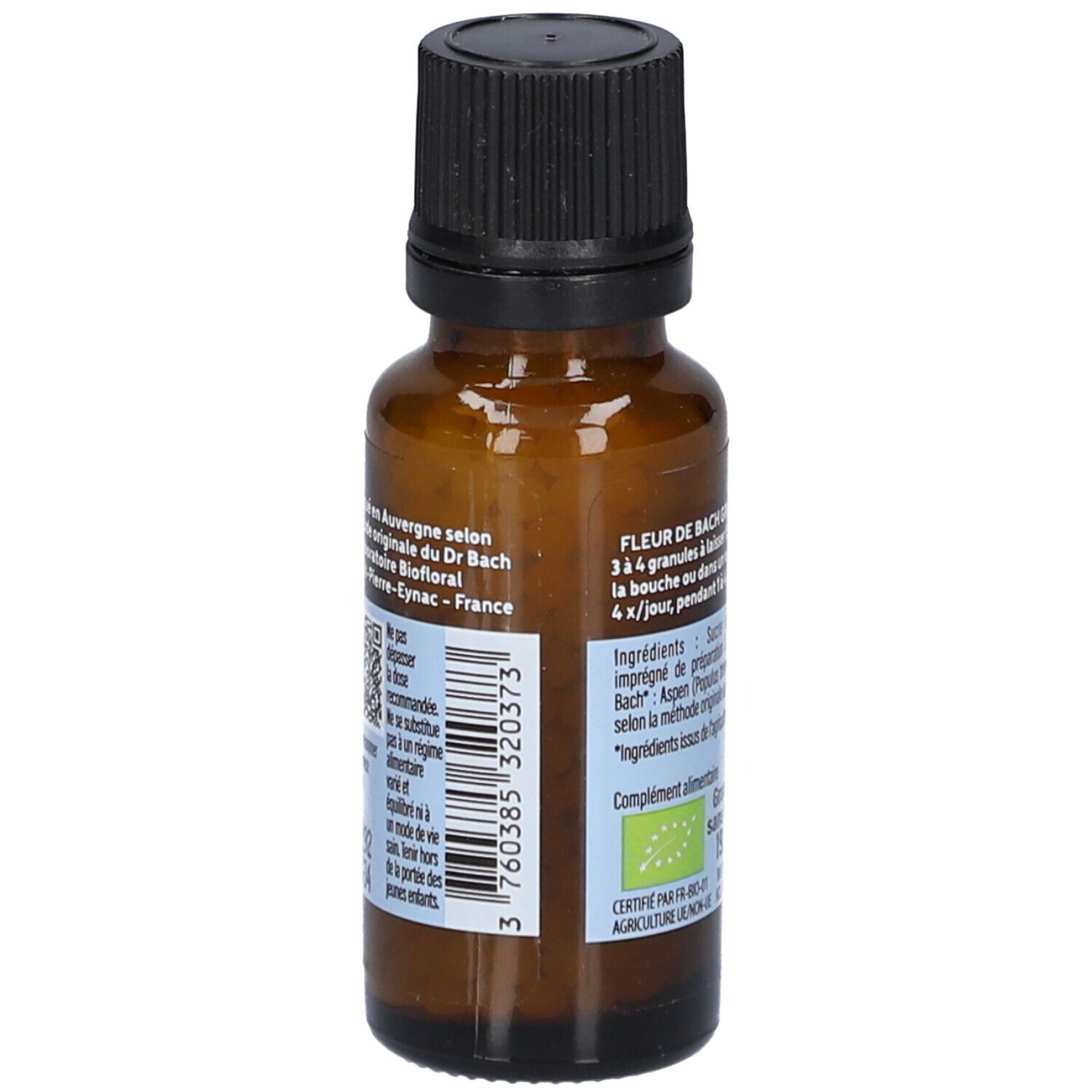 Flacon en verre brun avec bouchon noir. Étiquette avec texte et label bio.