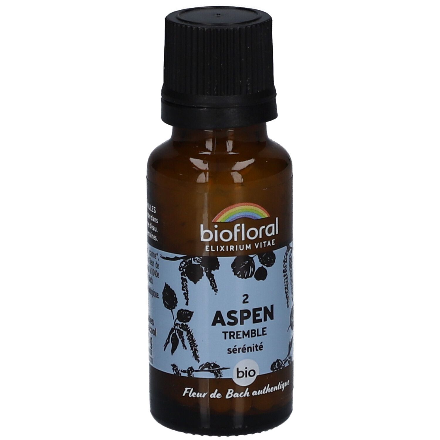 Flacon en verre brun avec bouchon noir. Étiquette "biofloral" et "Aspen Tremble".