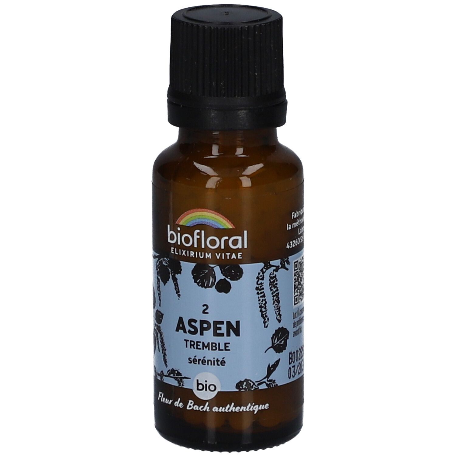 Flacon en verre brun avec bouchon noir. Étiquette "biofloral" et "Aspen Tremble".