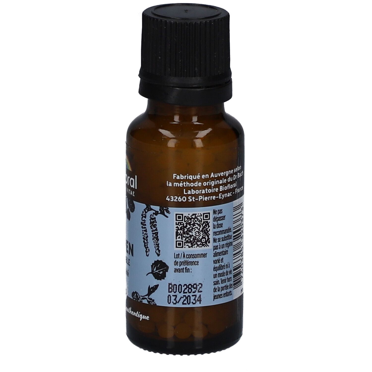 Flacon en verre brun avec bouchon noir. Étiquette avec texte, QR code et date de péremption.
