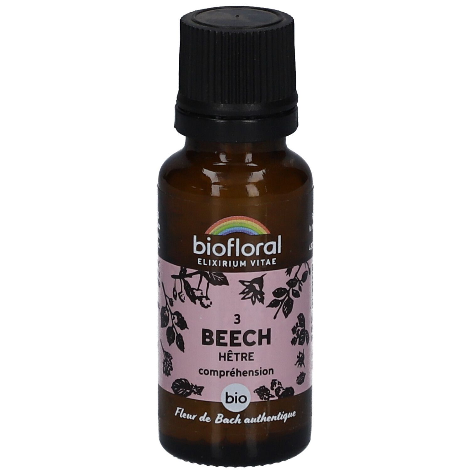 Flacon en verre brun avec bouchon noir. Étiquette "biofloral" et "BEECH".