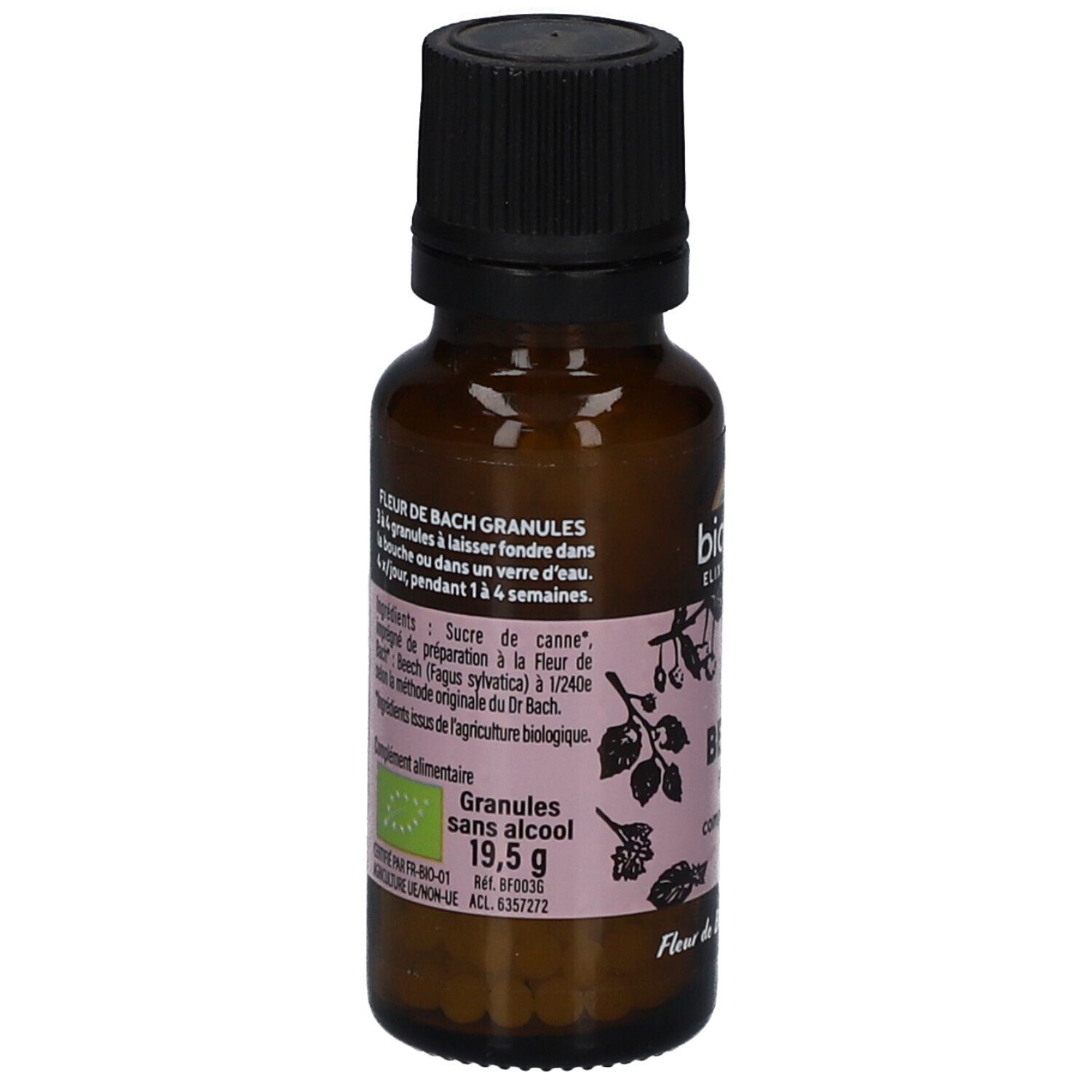 Flacon en verre brun avec bouchon noir. Étiquette "Fleur de Bach Granules".