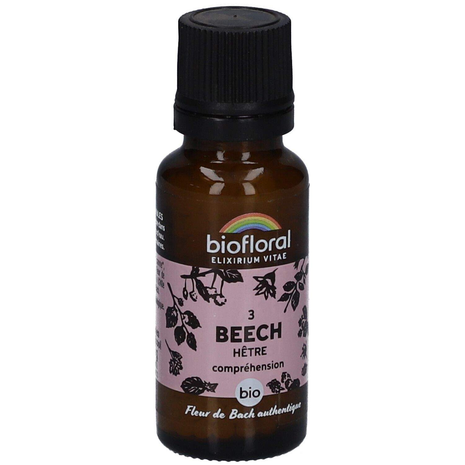 Flacon en verre brun avec bouchon noir. Étiquette "biofloral" et "BEECH".