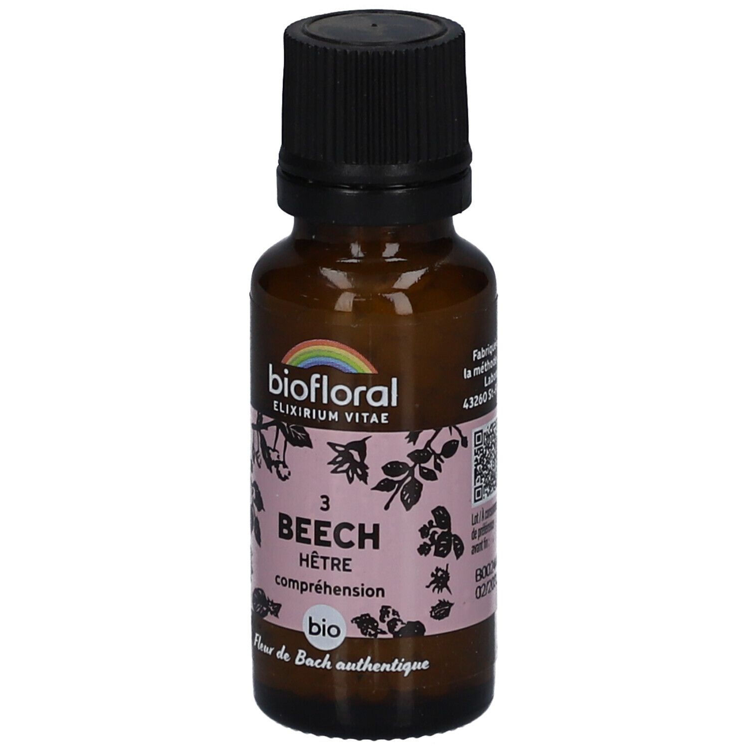 Flacon en verre brun avec bouchon noir. Étiquette "biofloral" et "BEECH".