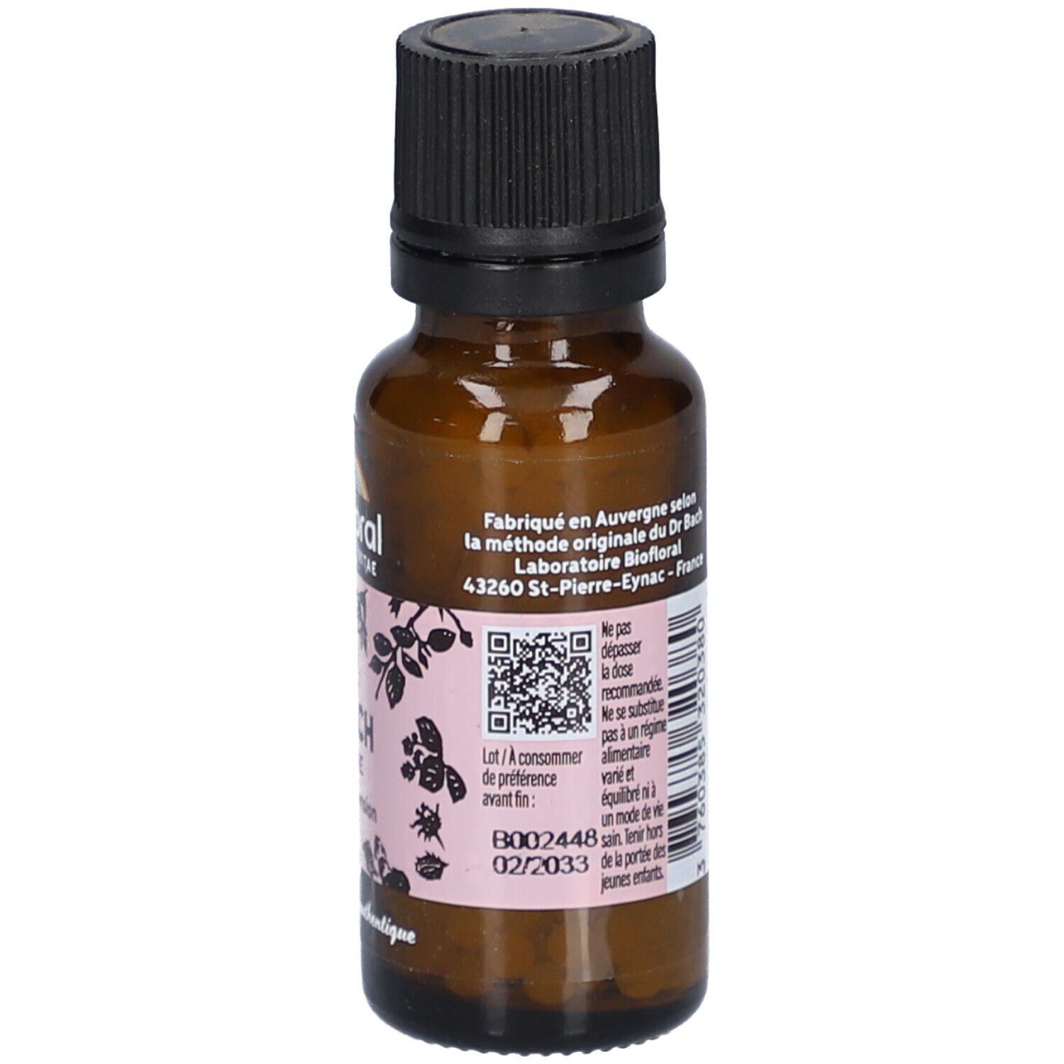 Flacon en verre brun avec bouchon noir. Étiquette avec QR code et date de péremption.