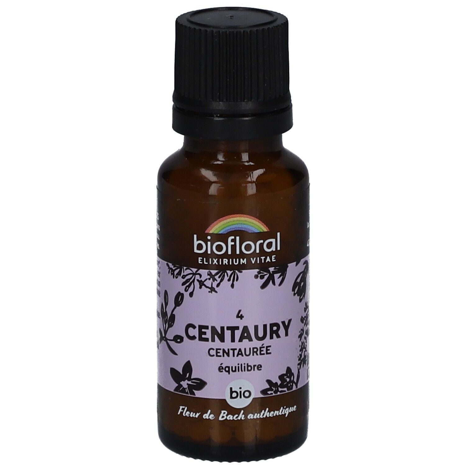 Flacon en verre brun, bouchon noir. Étiquette avec texte: Centaury, Biofloral, Bio. Logo arc-en-ciel.