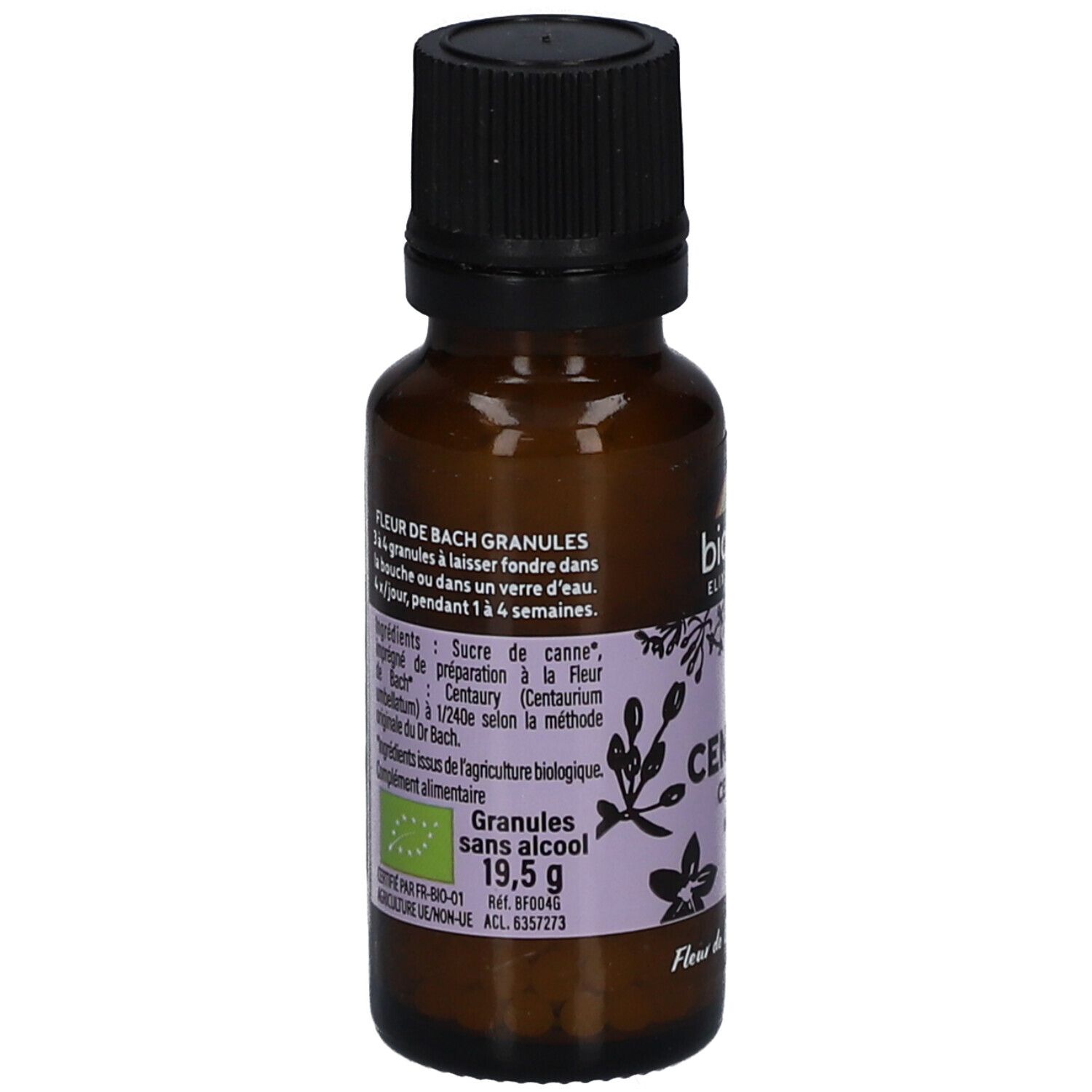 Flacon en verre brun, bouchon noir. Étiquette avec texte: Fleur de Bach Granules, 19,5 g, sans alcool, Bio.