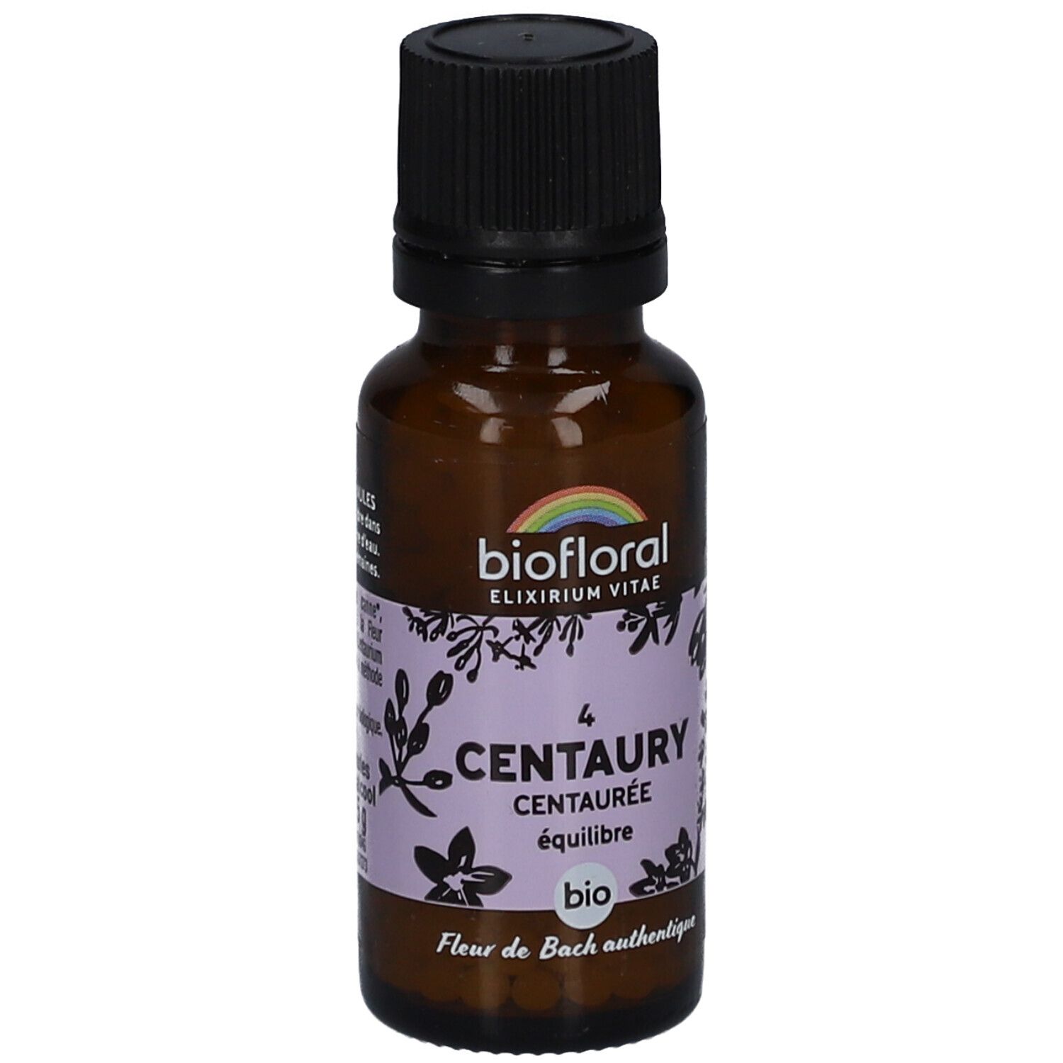 Flacon en verre brun, bouchon noir. Étiquette avec texte: Centaury, Biofloral, Bio. Logo arc-en-ciel.