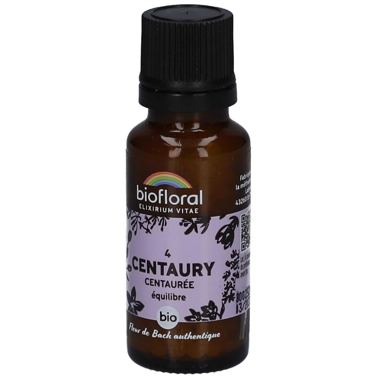 Flacon en verre brun, bouchon noir. Étiquette avec texte: Centaury, Biofloral, Bio. Logo arc-en-ciel.
