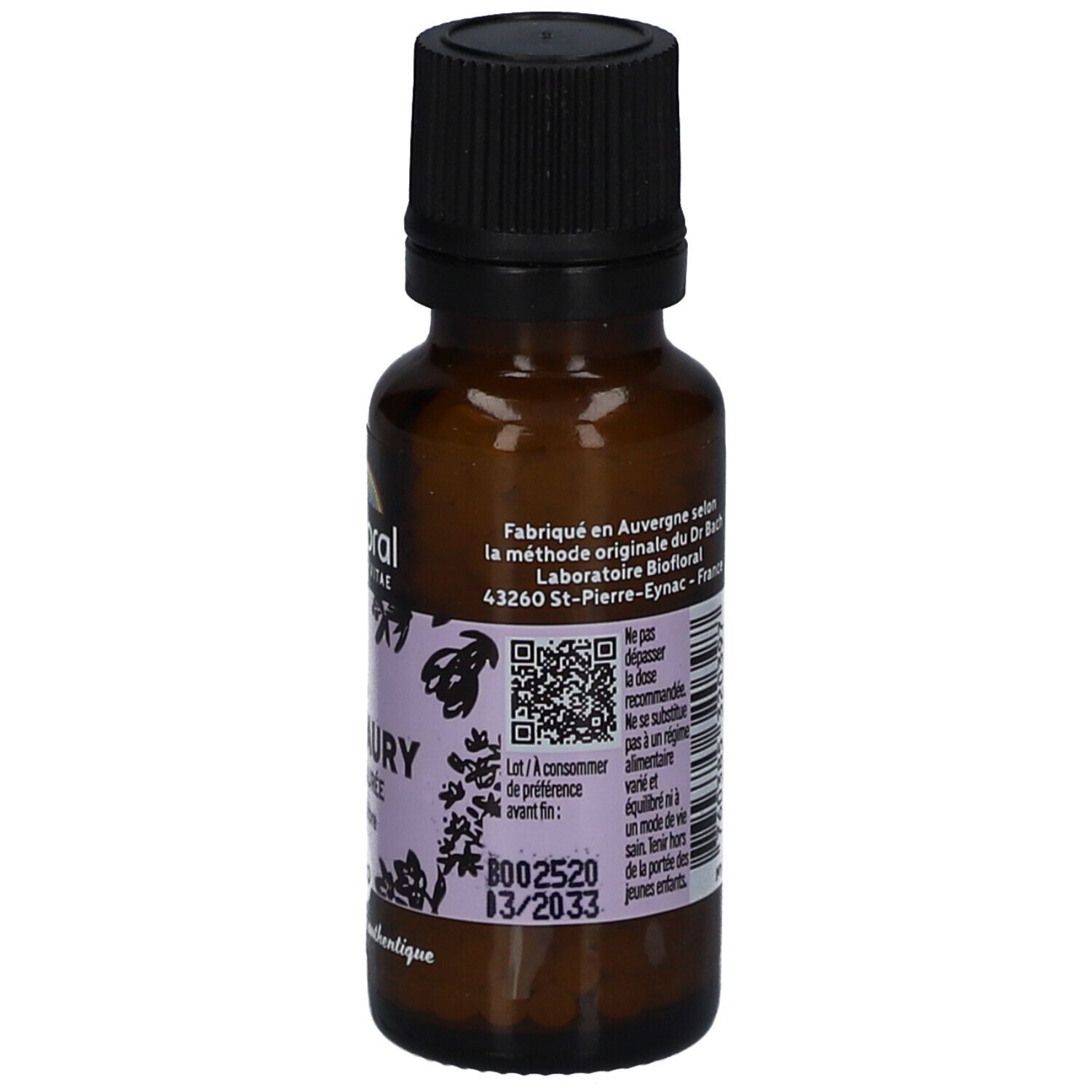 Flacon en verre brun, bouchon noir. Étiquette avec texte, QR code et date de péremption. Certification Bio.