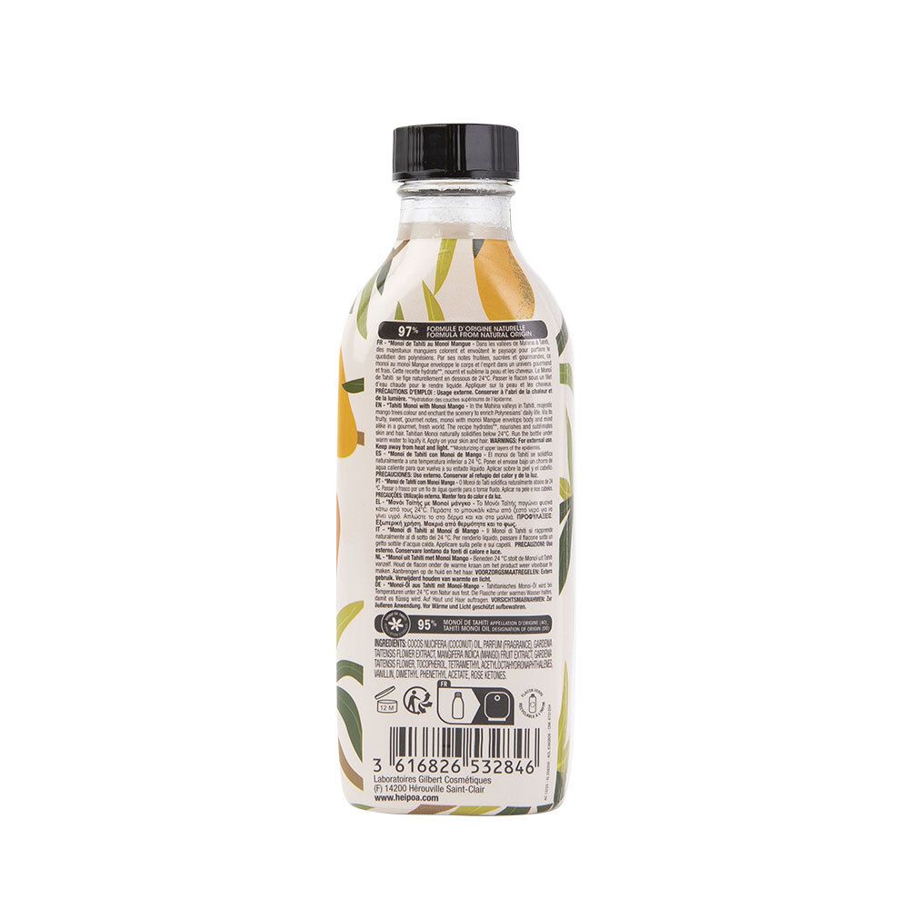 Dos d'une bouteille en verre avec bouchon noir. Étiquette avec texte et informations sur le produit.