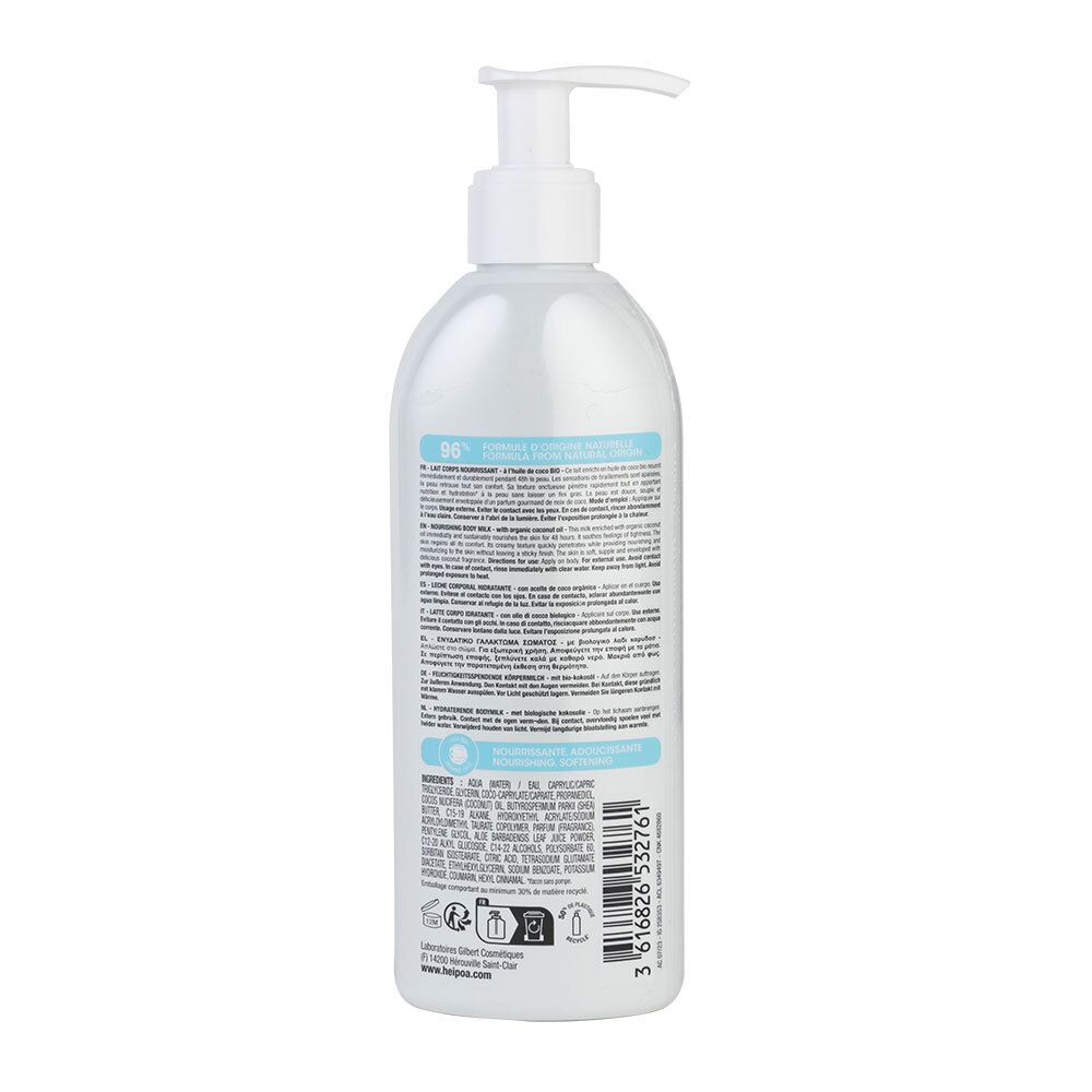Rückseite einer weißen Flasche mit Pumpe. Text in mehreren Sprachen. Aufschrift: 96% Inhaltsstoffe natürlichen Ursprungs. Produktinformationen.