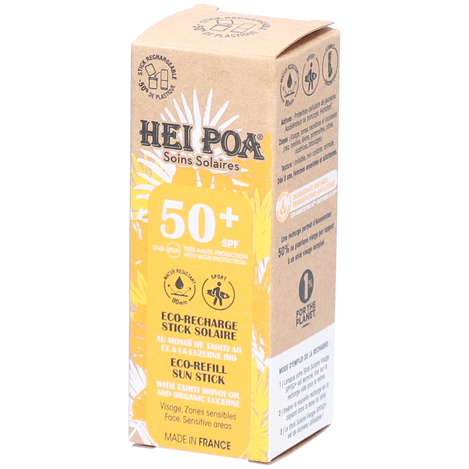 Boîte en carton. HEI POA Soins Solaires, SPF 50+. Eco-Recharge Stick Solaire. Résistant à l'eau, sport. Huile de Monoï et luzerne bio. Fabriqué en France.