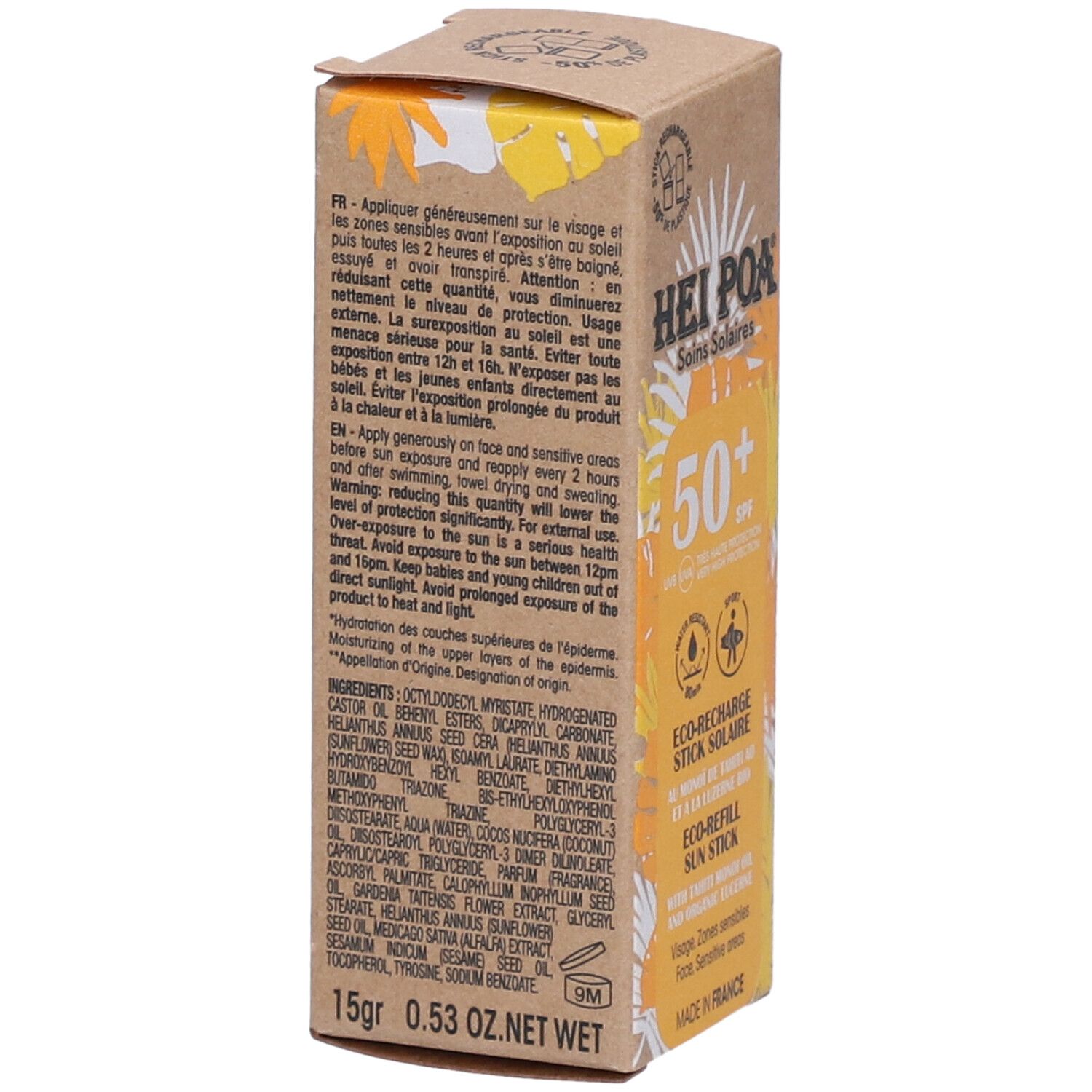 Boîte en carton. HEI POA Soins Solaires, SPF 50+. Eco-Recharge Stick Solaire. Ingrédients. 15g. 0.53 oz.net wt. Mode d'emploi en anglais et français.