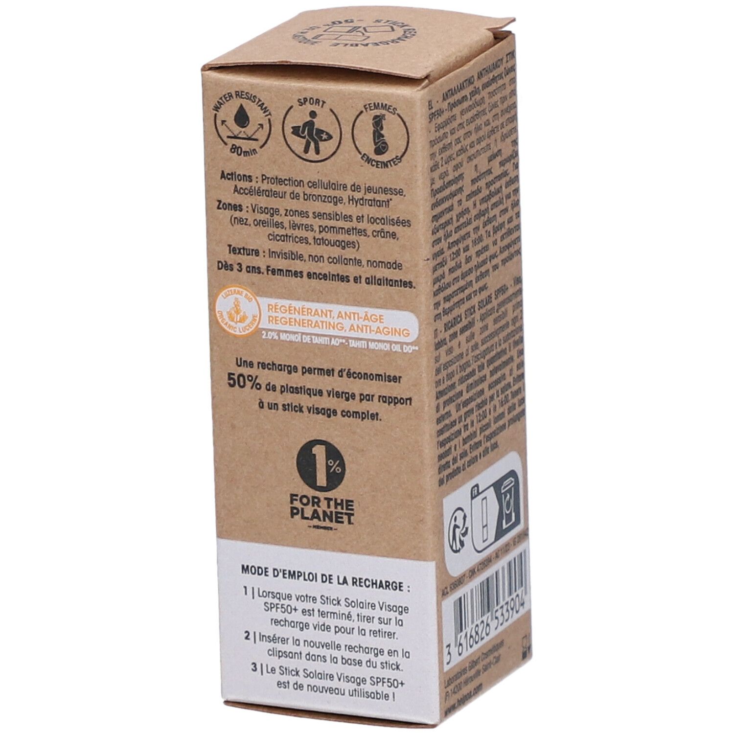 Boîte en carton. HEI POA Soins Solaires, SPF 50+. Eco-Recharge Stick Solaire. Informations de recharge. 1% pour la planète.