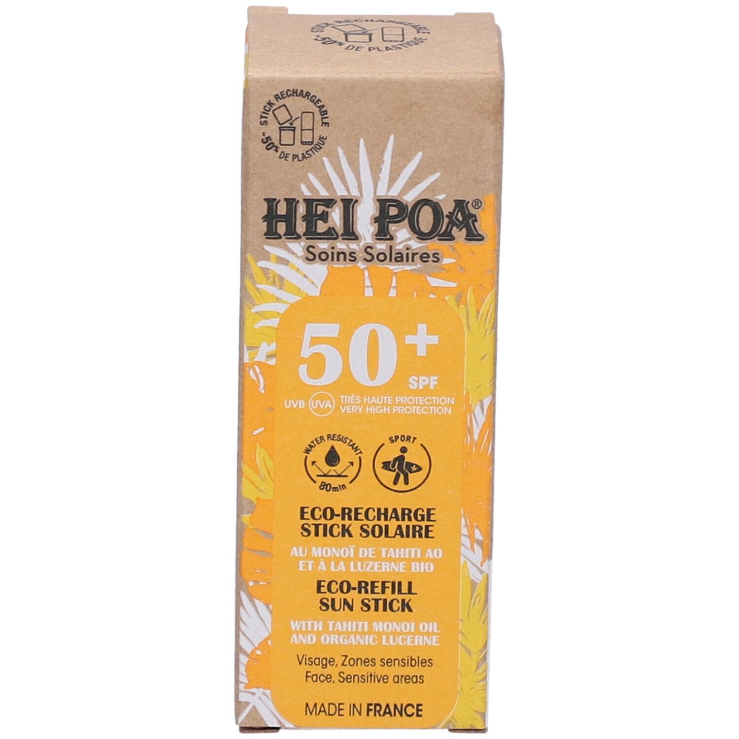 Boîte en carton. HEI POA Soins Solaires, SPF 50+. Eco-Recharge Stick Solaire. Résistant à l'eau, sport. Huile de Monoï et luzerne bio. Fabriqué en France.