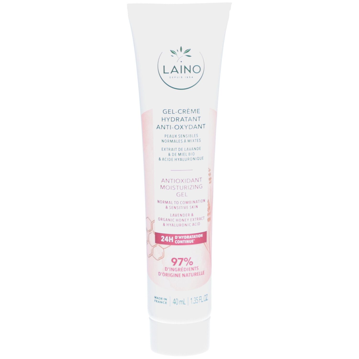 Tube blanc avec accents roses. Texte: Gel-Crème hydratant anti-oxydant, 24H Hydratation continue, 97% d'ingrédients d'origine naturelle.