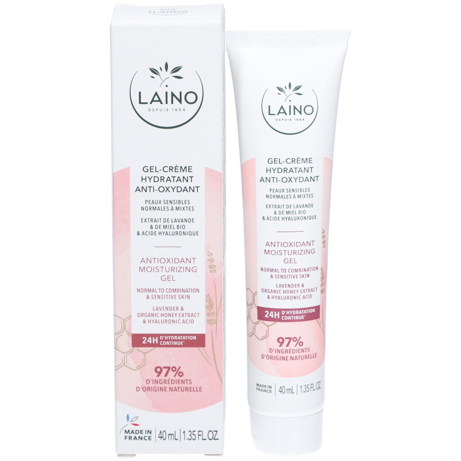 Emballage du produit avec tube et boîte. Blanc avec accents roses. Texte: Gel-Crème hydratant anti-oxydant, 24H Hydratation continue.