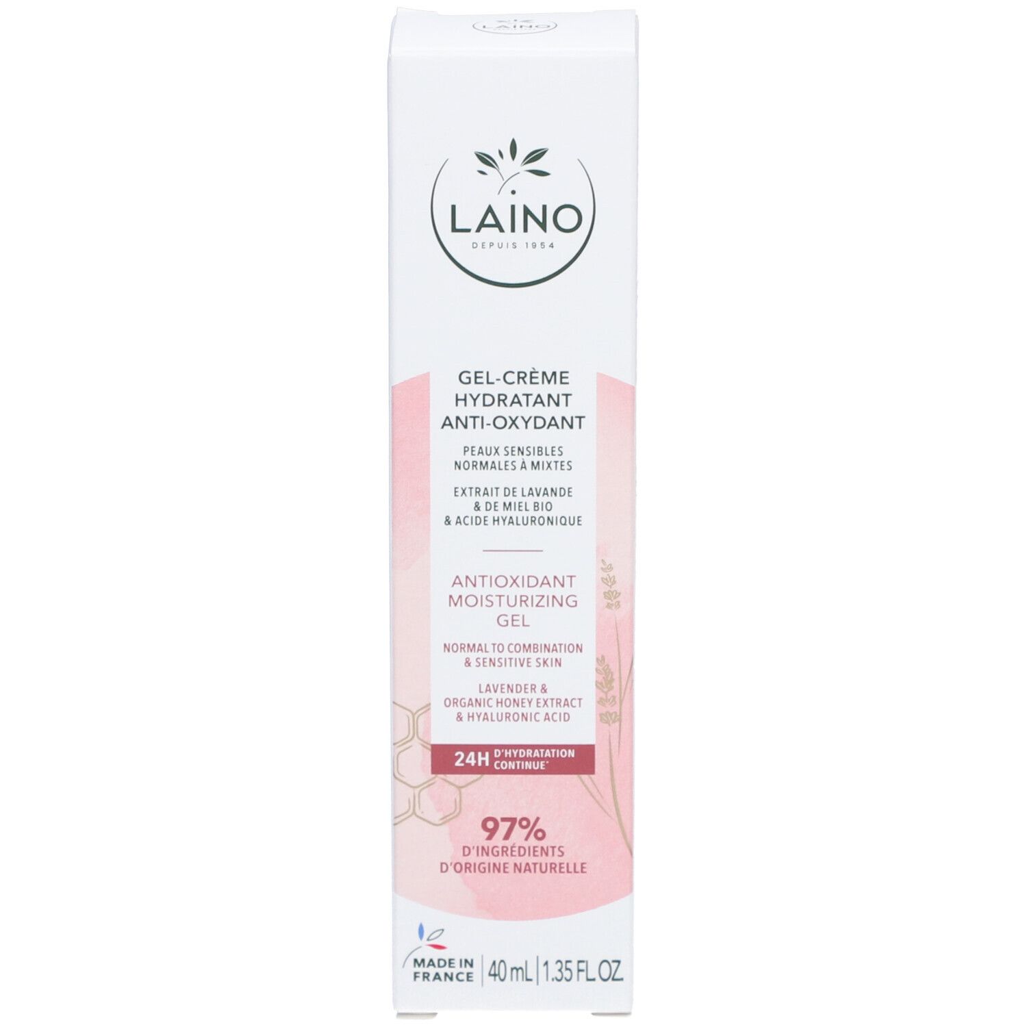 Emballage blanc avec accents roses. Texte: Gel-Crème hydratant anti-oxydant, 24H Hydratation continue, pour peaux normales à mixtes.