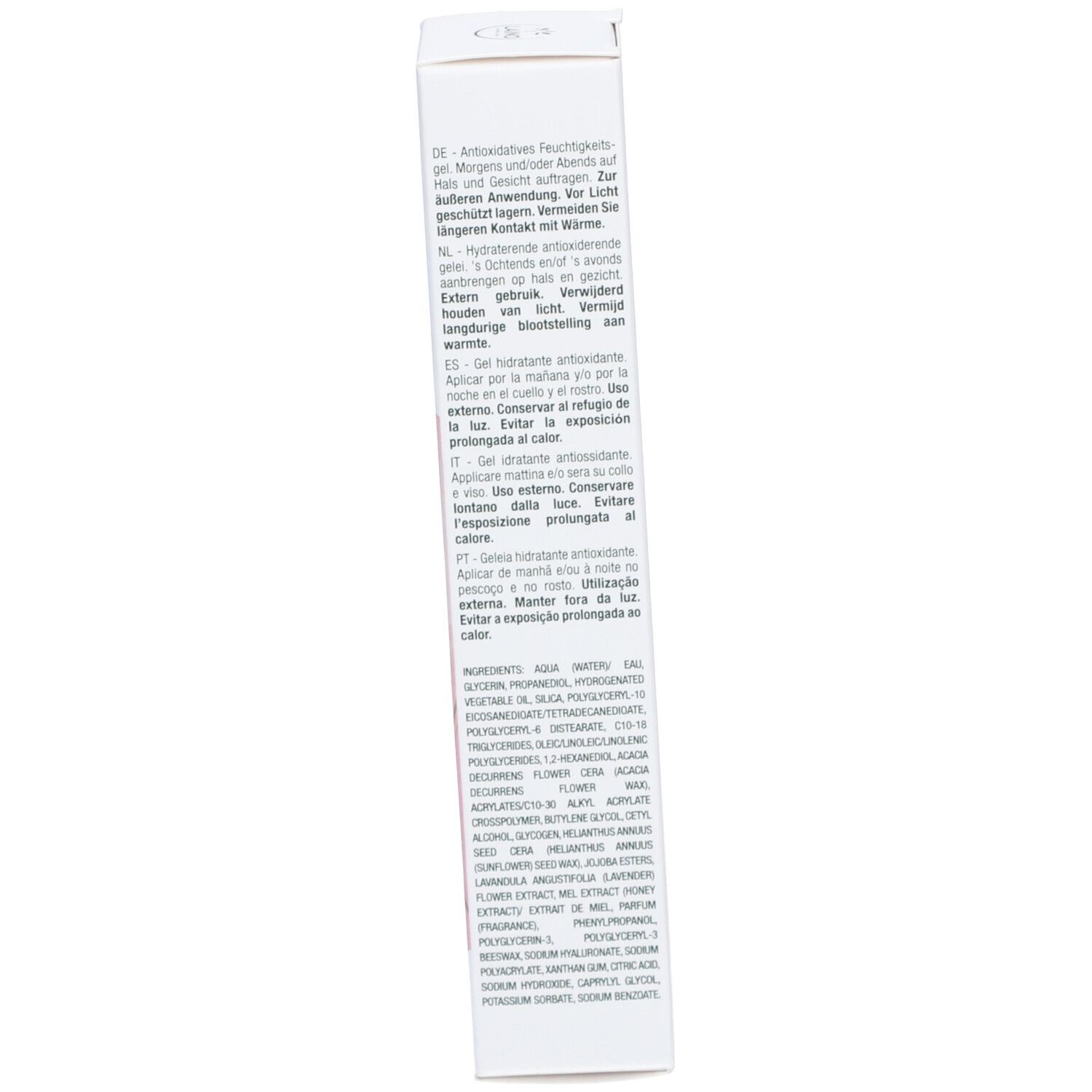 Côté de l'emballage. Texte: Mode d'emploi, ingrédients, informations fabricant. Fond rose.