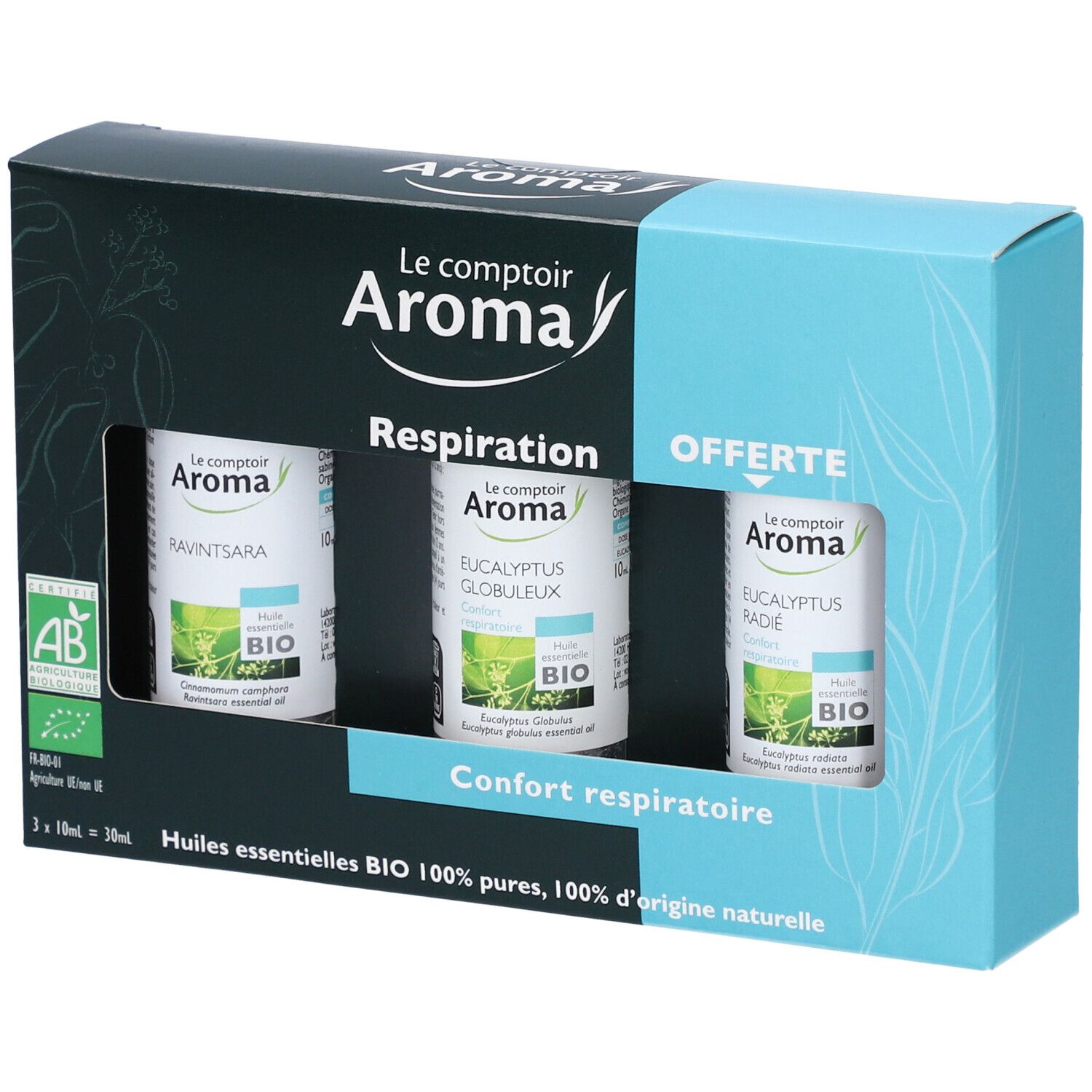 Verpackung mit drei ätherischen Ölen. Sichtbar: Markenname, Produktname, Bio-Siegel.