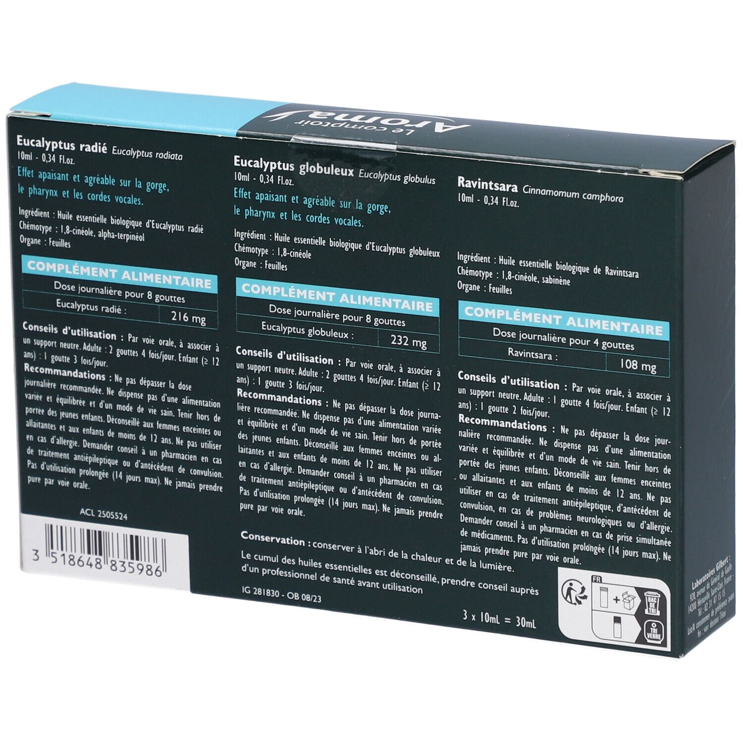 Rückseite der Verpackung mit Produktinformationen. Text in französischer Sprache.